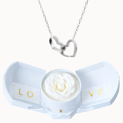 Caixa Rosa Eterna Florescer com Colar Dois Corações Personalizado