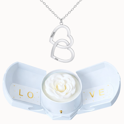 Caixa Rosa Eterna com Colar Duplo Coração Personalizado