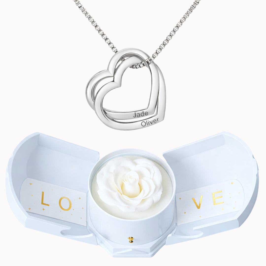 Caixa Rosa Eterna com Colar Corações Entrelaçados Personalizado