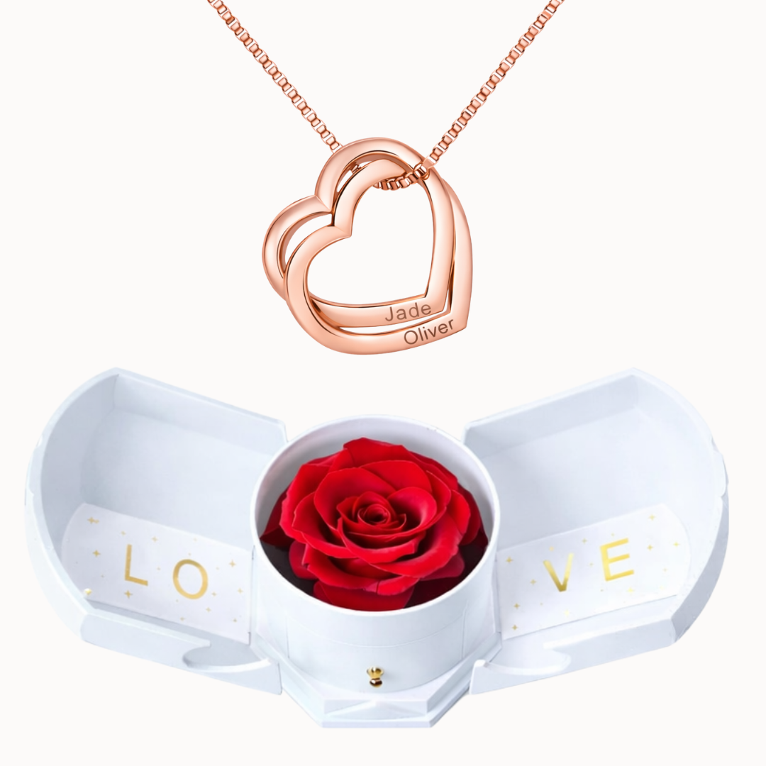 Caixa Rosa Eterna com Colar Corações Entrelaçados Personalizado