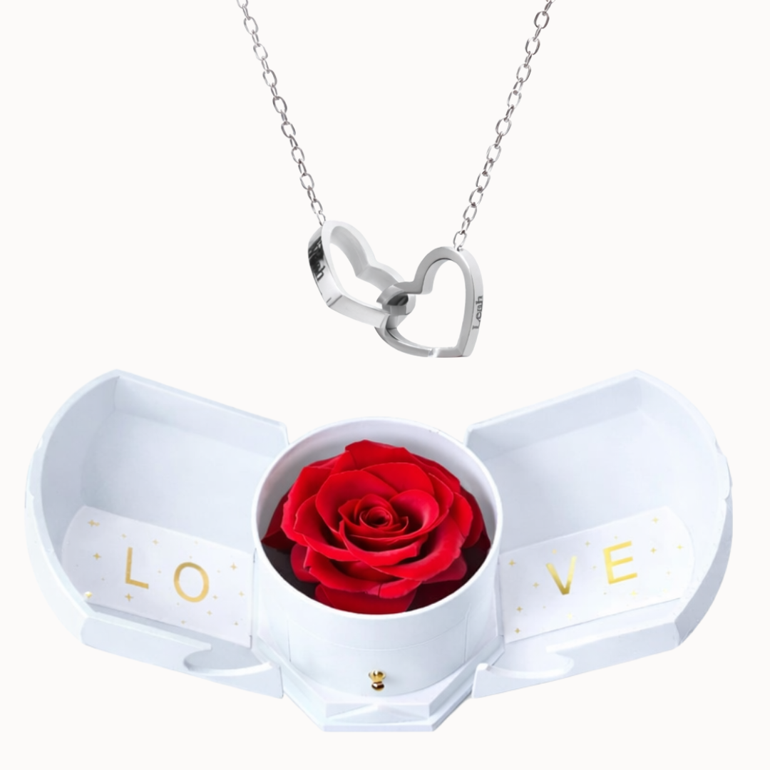 Caixa Rosa Eterna Florescer com Colar Dois Corações Personalizado