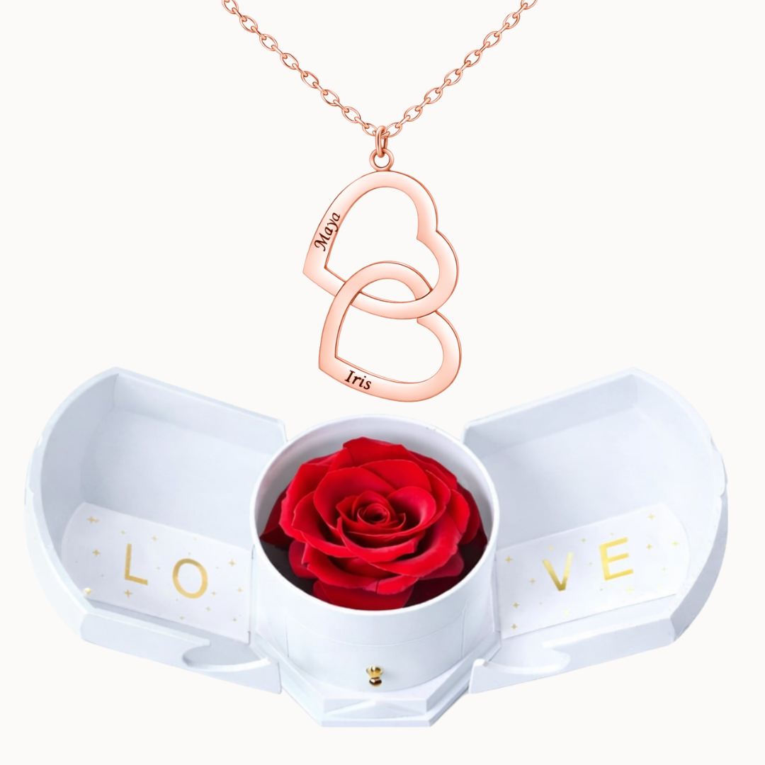 Caixa Rosa Eterna com Colar Duplo Coração Personalizado