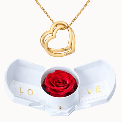 Caixa Rosa Eterna com Colar Corações Entrelaçados Personalizado