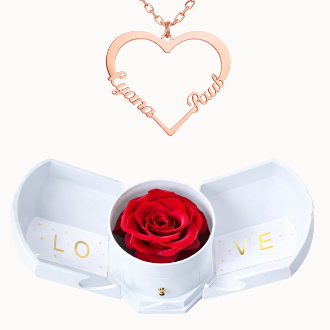 Caixa Rosa Eterna com Colar em Forma de Coração Personalizado