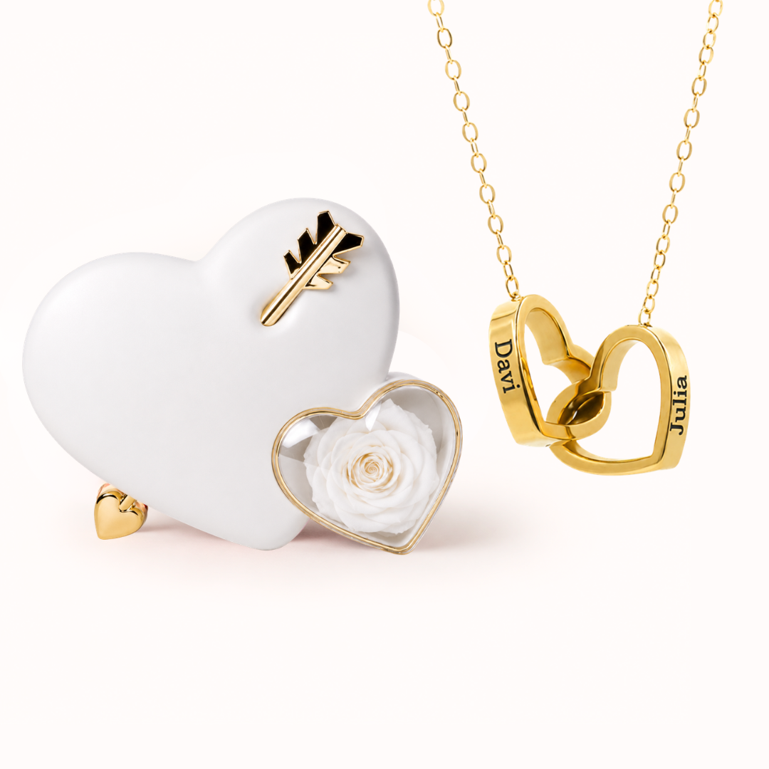 Colar Dois Corações Personalizados com Caixa Rosa Eterna