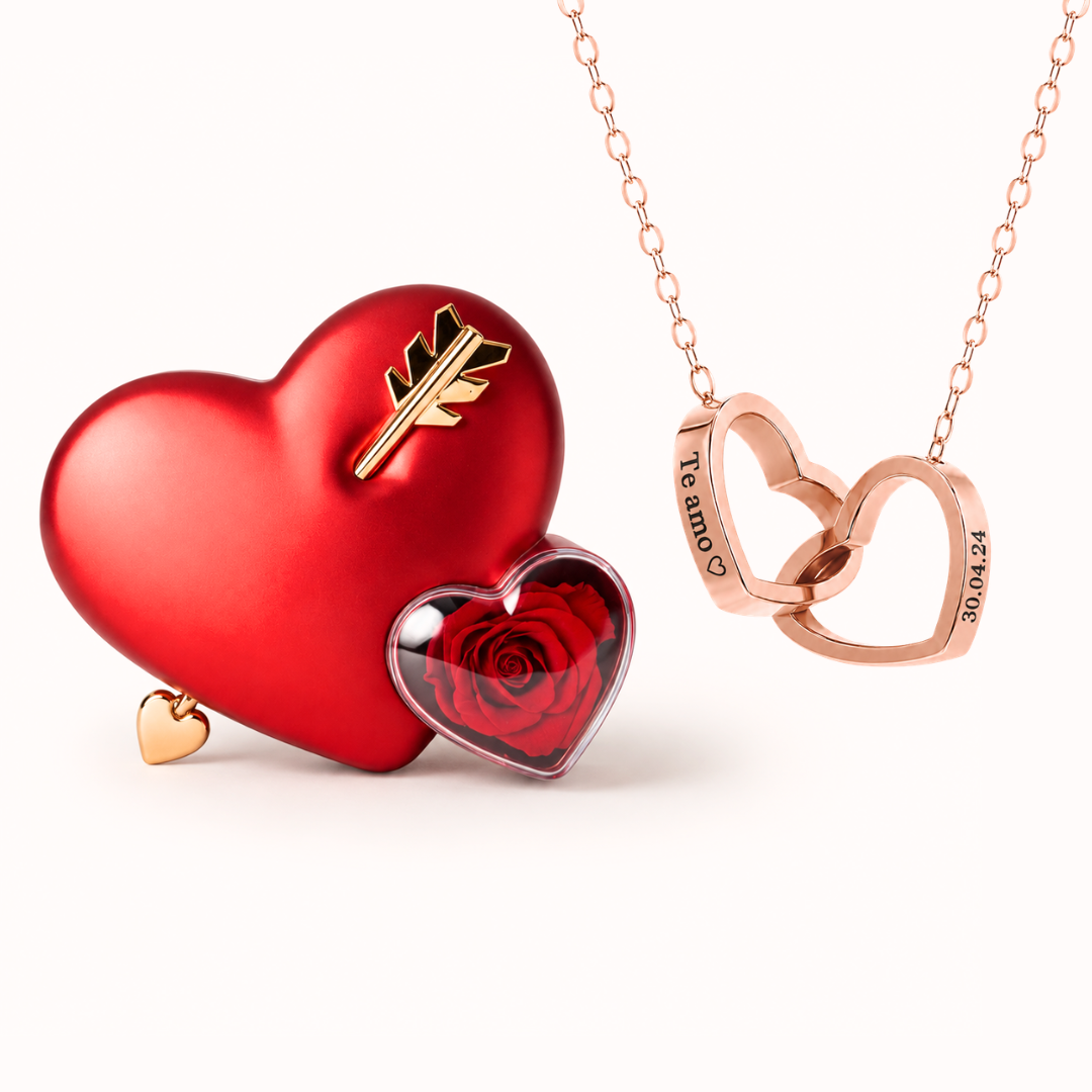 Colar Dois Corações Personalizados com Caixa Rosa Eterna