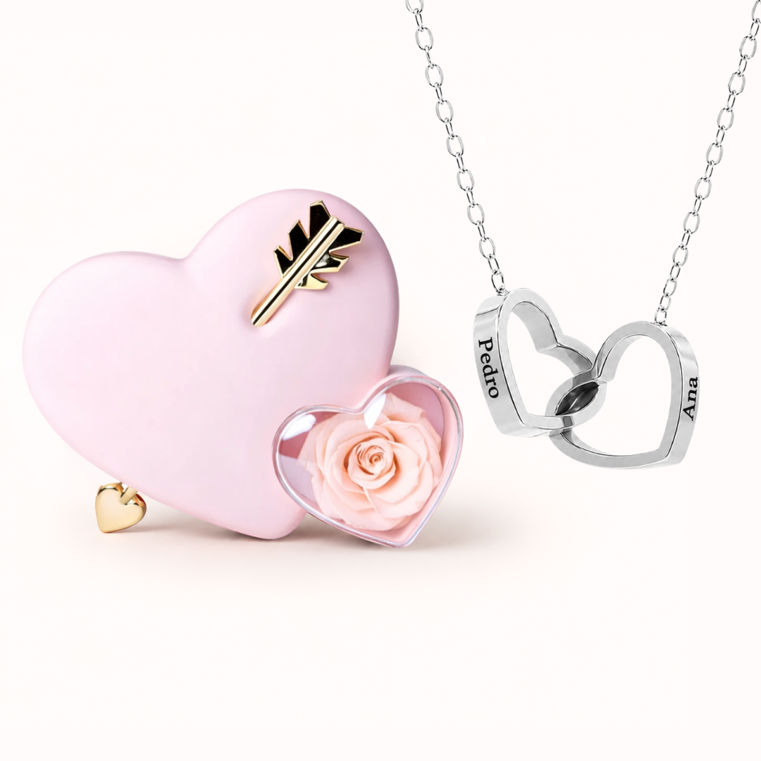 Colar Dois Corações Personalizados com Caixa Rosa Eterna