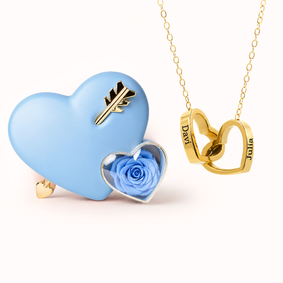 Colar Dois Corações Personalizados com Caixa Rosa Eterna