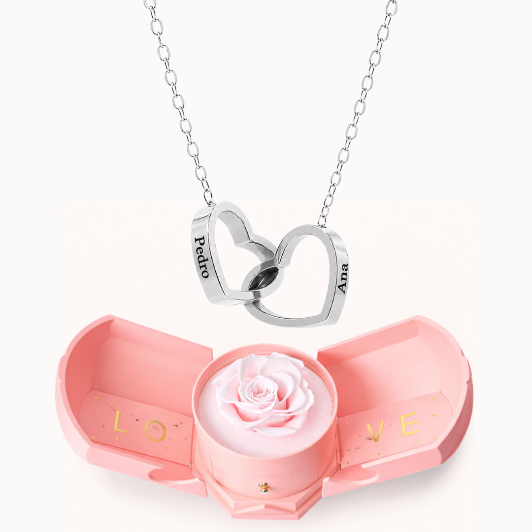 Colar Dois Corações Personalizados com Caixa Rosa Eterna