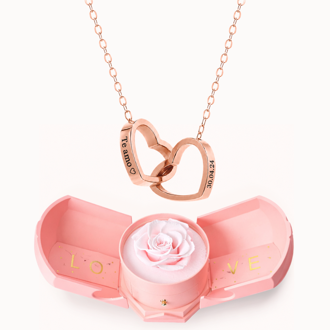Colar Dois Corações Personalizados com Caixa Rosa Eterna