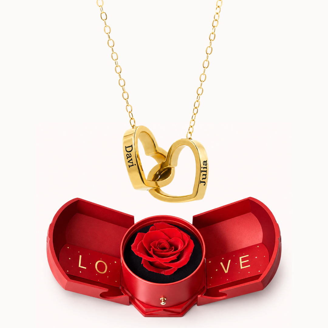Colar Dois Corações Personalizados com Caixa Rosa Eterna