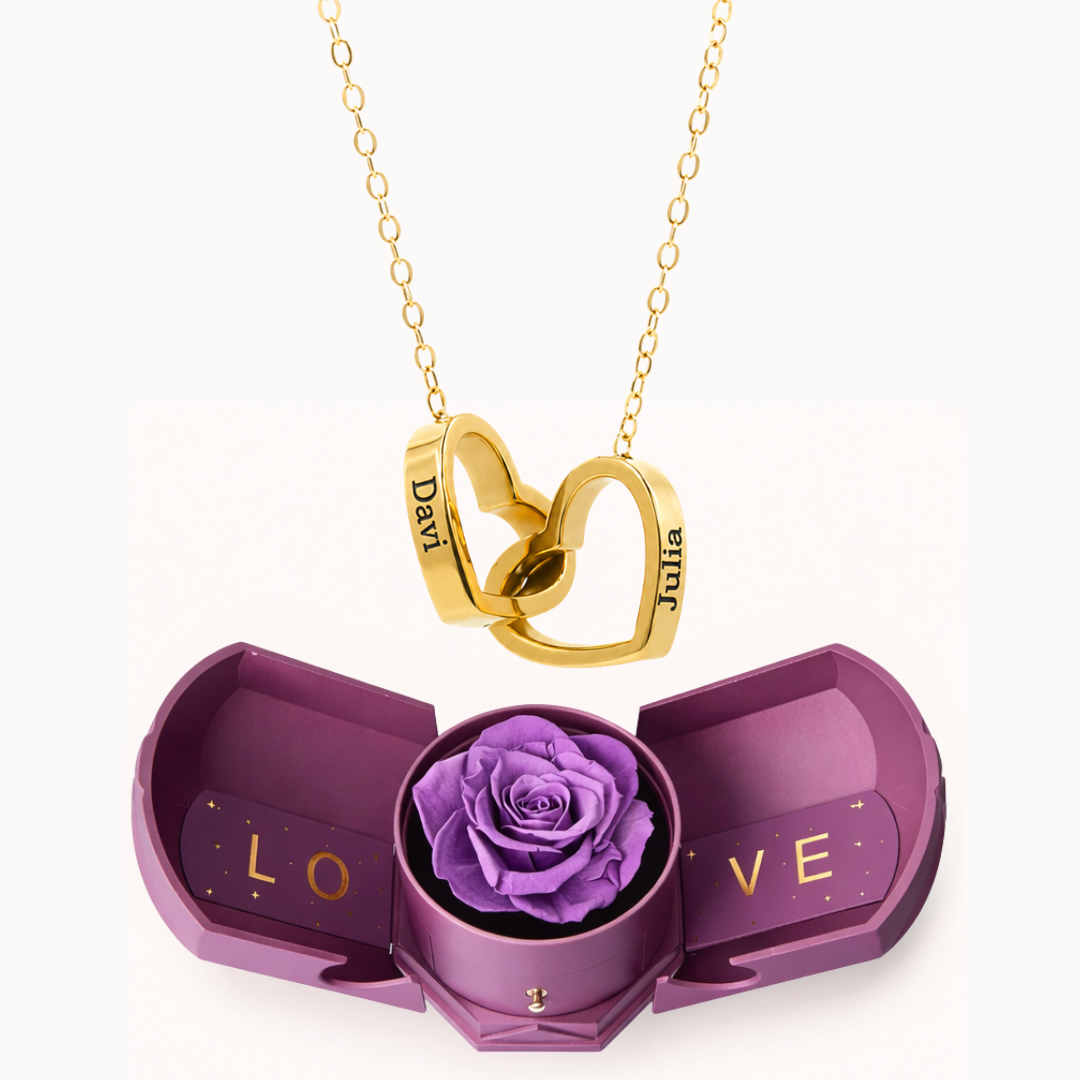 Colar Dois Corações Personalizados com Caixa Rosa Eterna