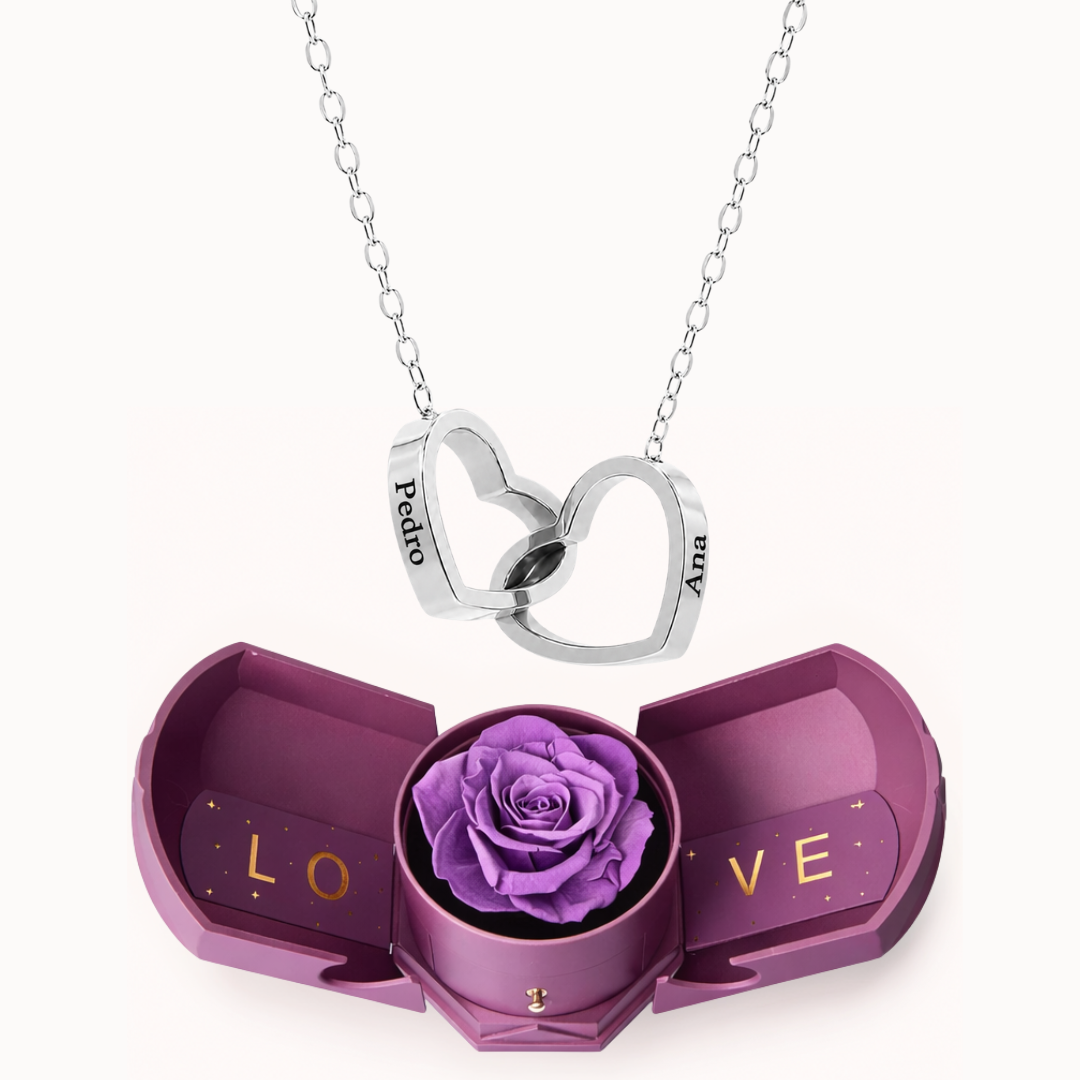 Colar Dois Corações Personalizados com Caixa Rosa Eterna