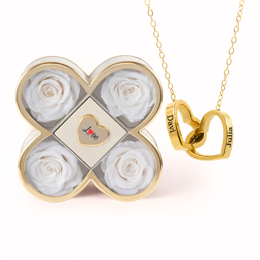Colar Dois Corações Personalizados com Caixa Rosa Eterna