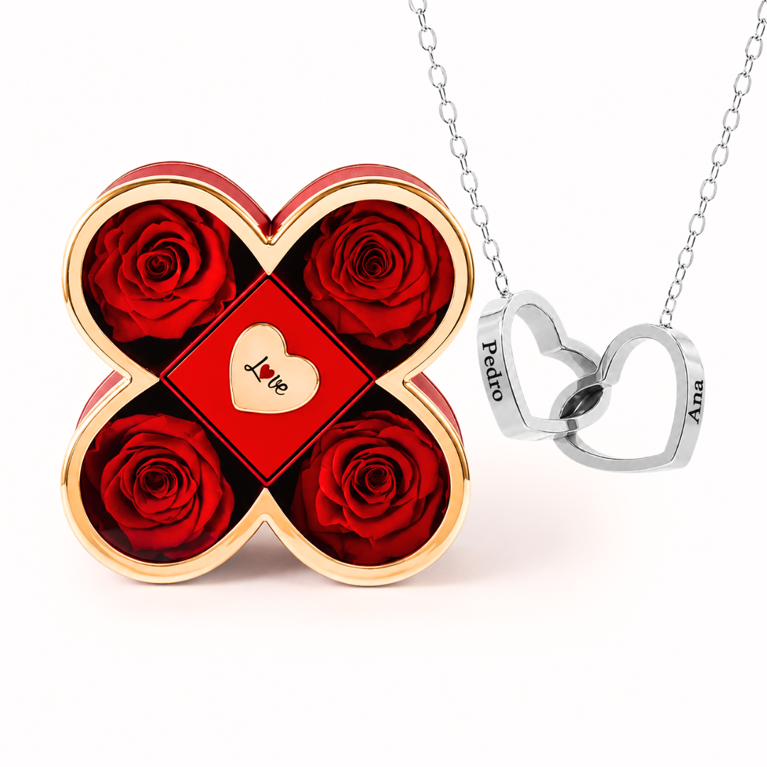 Colar Dois Corações Personalizados com Caixa Rosa Eterna