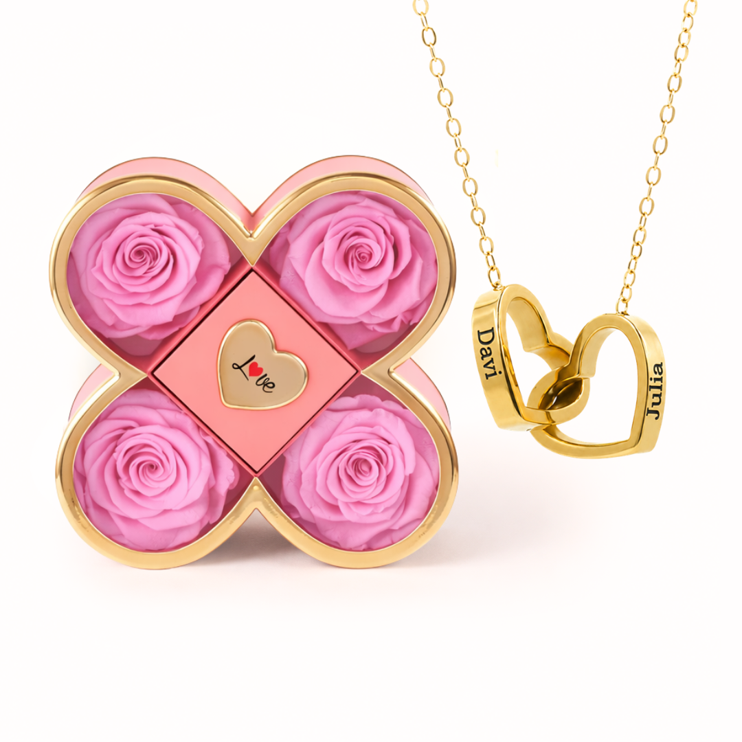 Colar Dois Corações Personalizados com Caixa Rosa Eterna