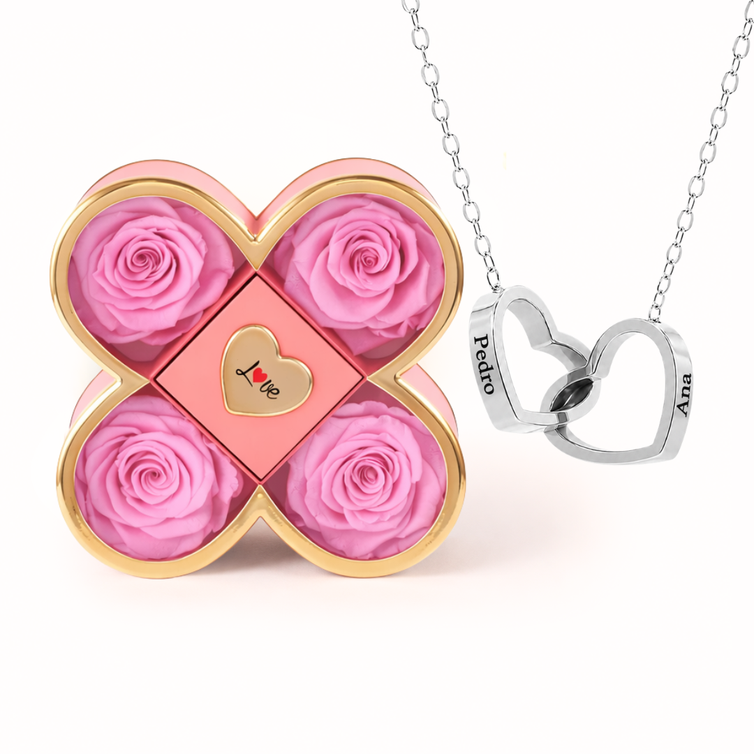 Colar Dois Corações Personalizados com Caixa Rosa Eterna