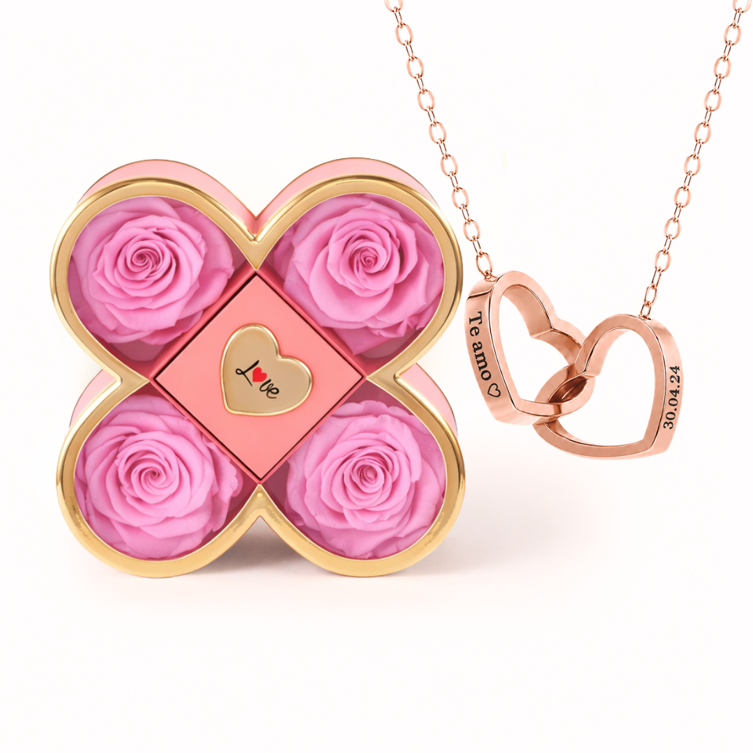 Colar Dois Corações Personalizados com Caixa Rosa Eterna