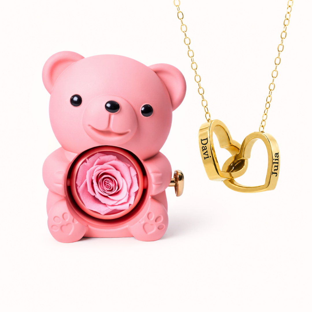 Colar Dois Corações Personalizados com Caixa Rosa Eterna